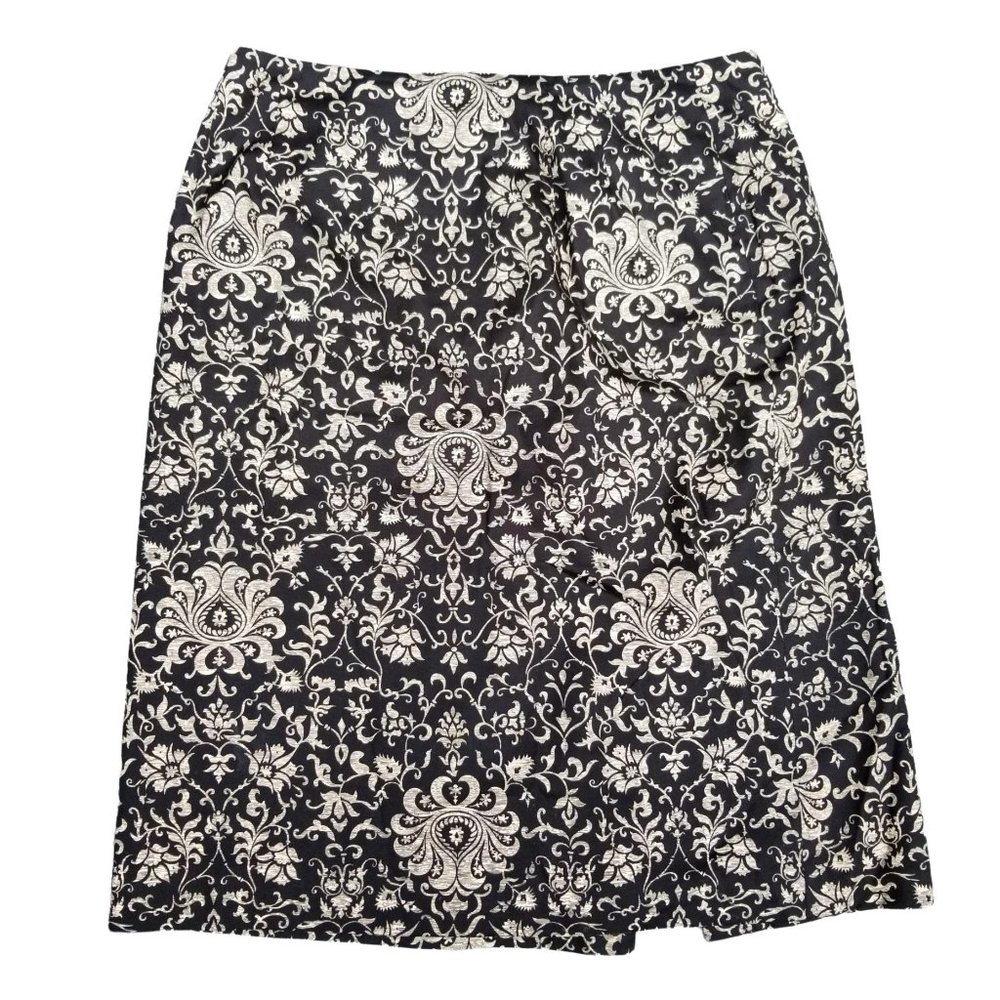 Talbots Pencil Skirt Black Cream Brocade Damask Floral Lightweight Lined Size 8